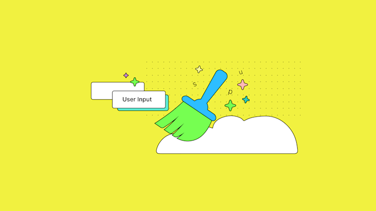 Illustration of input sanitization with a shield and code symbols